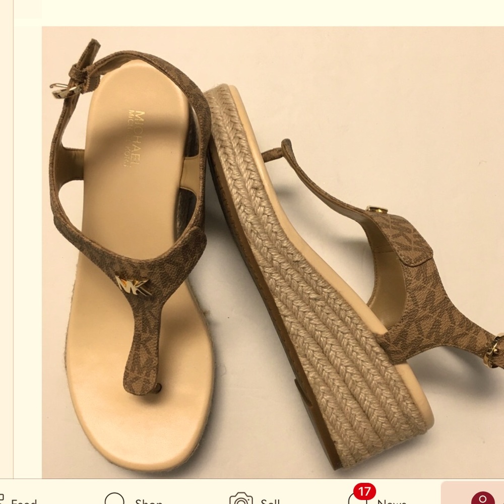 MICHAEL Michael Kors Laney Logo Espadrille Wedge Open Toe Sandals 7.5 Brown